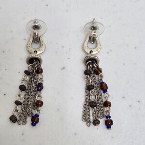 Beaded Fringe Earrings Dangle Chain Brown Silver Tone Western Boho